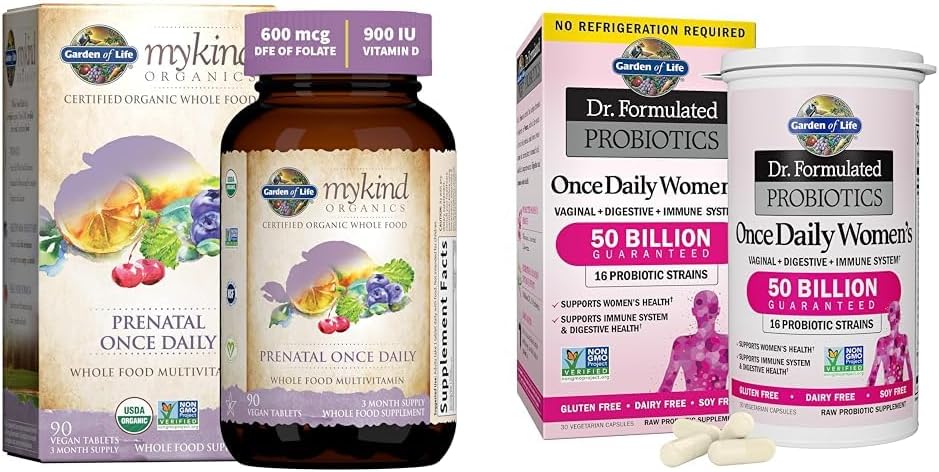 Garden of Life Organics Prenatal Vitamin: Folat för energi och hälsosam fet utveckling och, Dr Formulerad kvinnors probiotika en gång dagligen, 16 stammar, 50 miljarder, 30 kapslar
