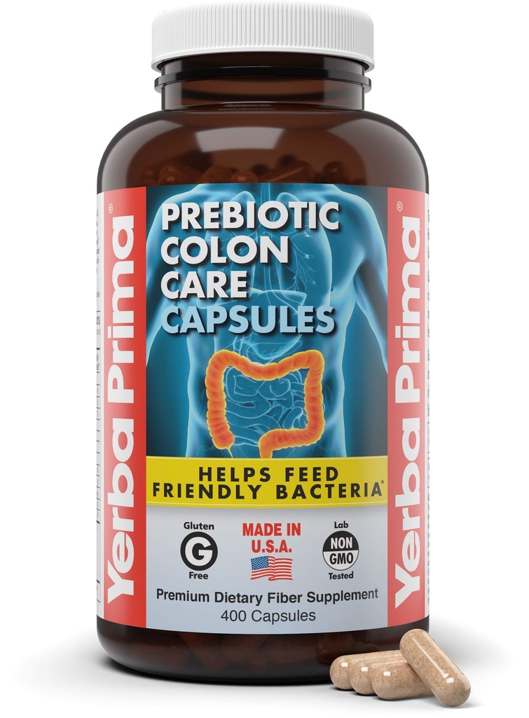 Yerba Prima Prebiotic Colon Care Capsules, 400 Caps - Fem Formulär av Fiber Plus FOS Pre-biotika - Kosttillskott - Hälsosam Lösning & Olösliga Fibrer för Regularitet & Digestive Support