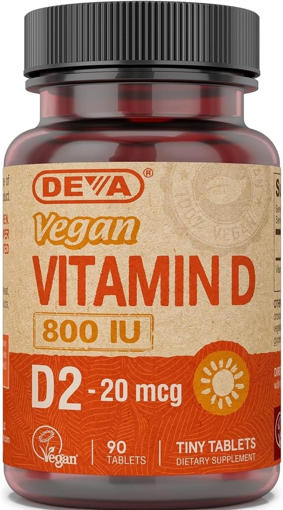 Deva Vegan Vitamin D2 800 IE, Ergocalciferol Supplement med inga djuringredienser, Snabbupplösning, 90 tabletter, 1-pack