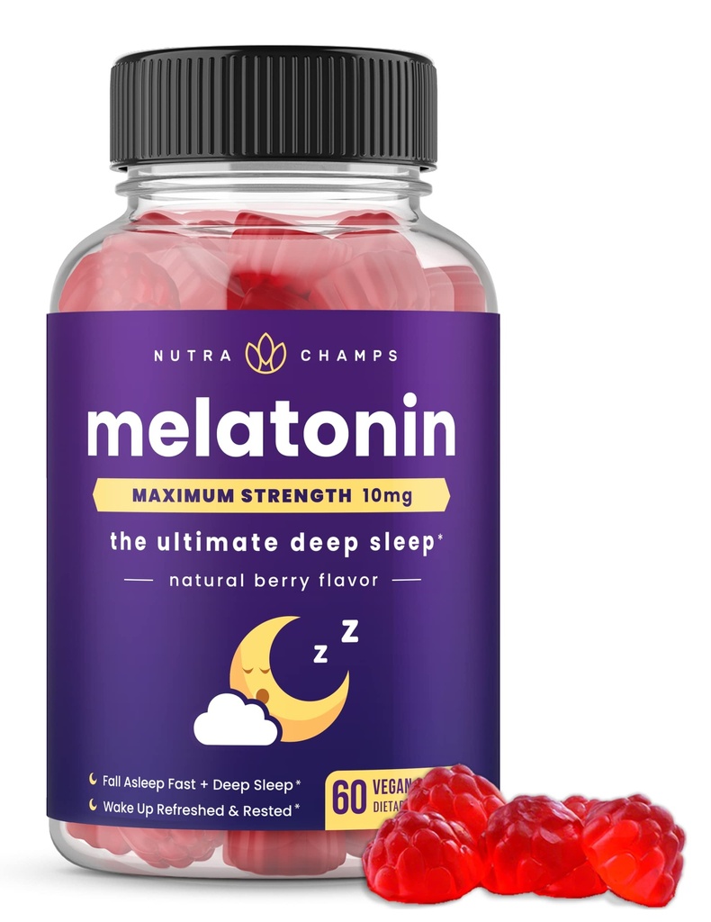 NutraChamps Melatonin Gummies för vuxna, extra styrka sömnhjälp vitaminer, 5 mg eller 10 mg Dos, Vegan naturlig jordgubbssmak tillskott för bättre sömn, friska sömncykler, 60 Gummies