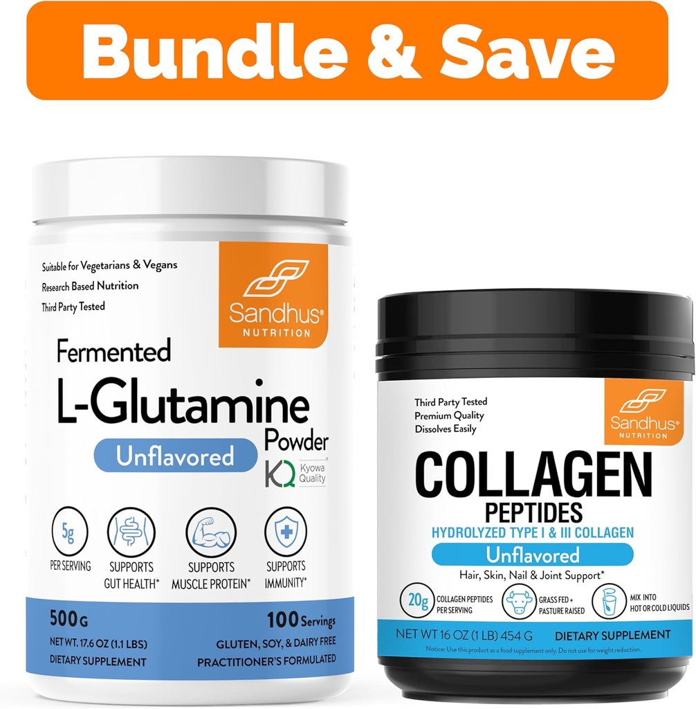 Sandhu's L-Glutamine Powder 100 Servings, 500g, 17.6 Oz., Large Size, 3 Months Supply & Collagen Peptides Powder | Supports Muscle, Gut Health, Youthful Skin, Hair, Nails & Mobility