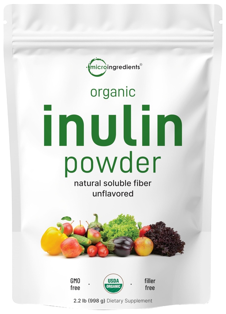 Micro Ingredients Organic Inulin FOS Fiber Powder, 2,2 lb | Quick Water-Soluble Prebiotic för Intestinal & Colon Health | Natural Fiber för Smoothies & Drinks | Vegan Friendly