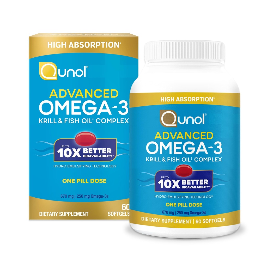 Qunol Advanced Omega 3 Krill och Fish Oil Complex, 10x Better Bioavailability, One Pill Dose, 250mg EPA & DHA, stöder hjärna, öga, hjärta och gemensam hälsa, 60 greve av 1)