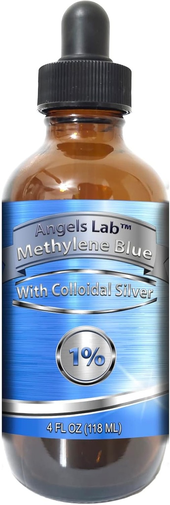 New Methylene Blue 1% Wtih Colloidal Silver Änglar Lab | USP-Grade Methylthioninium Chloride Liquid | Hög Purity Dietary Supplement för hjärnfunktion och kognitiv hälsa | 4 oz Glass Dropper Bottle
