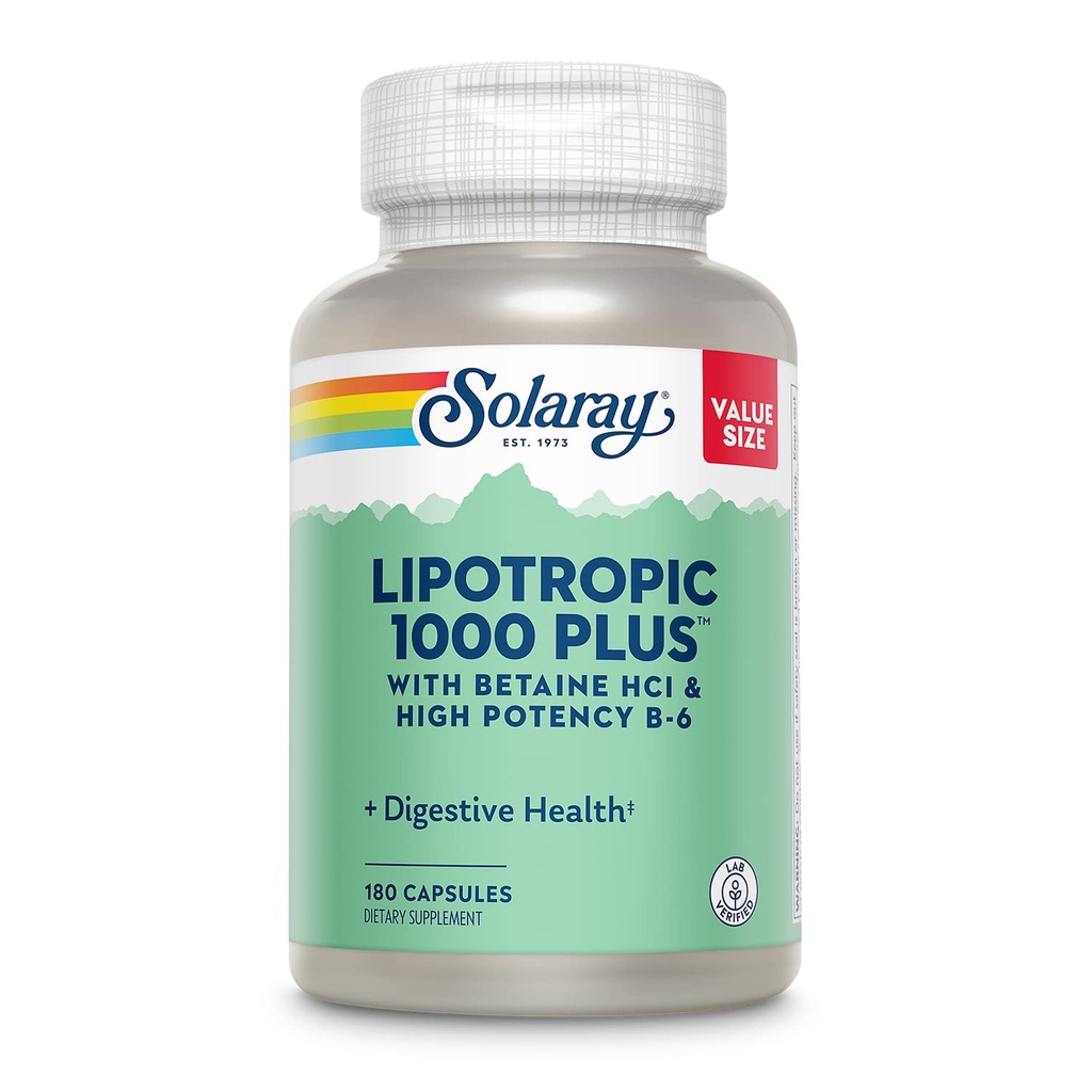 SOLARAY Lipotropic 1000 Plus med Betaine HCl & High Potency B-6, Healthy Digestion, Energy och Fat Metabolism Support, Lipotropic Complex Plus Aloe Vera, 60 Day Guarantee, 30 Servings, 180 kapslar
