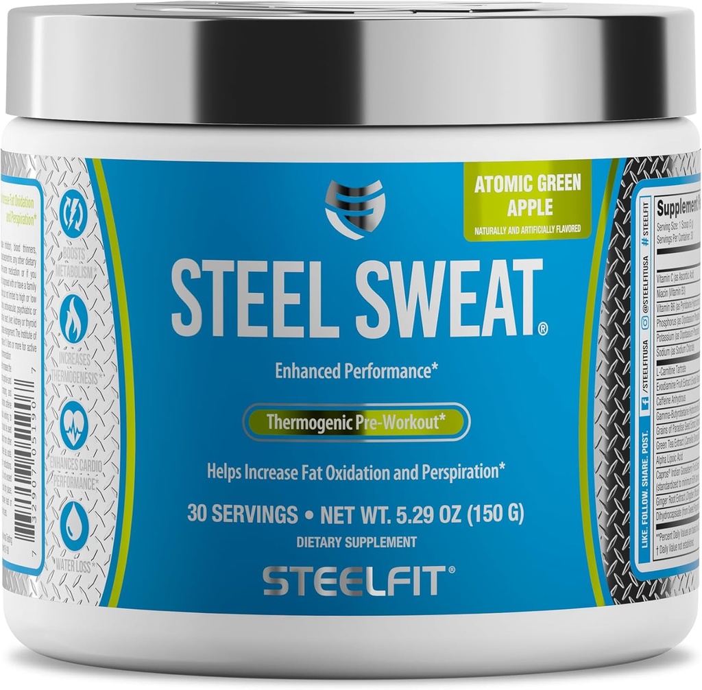 SteelFit Steel Sweat Fat-Burning Pre Workout | Öka Metabolism, Öka energi, Bränn fett och kalorier | Grönt Apple, 30 portioner