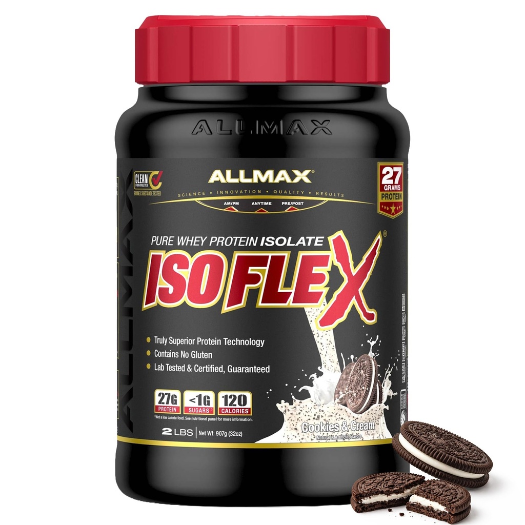 ALLMAX Nutrition ISOFLEX Whey Protein Isolate, Cookies & Cream - 2 lb - 27 Grams of Protein Per Scoop - Zero Fat & Sugar - 99% Lactose Free - Gluten Free & Soy Free - Ungefär 30 portioner