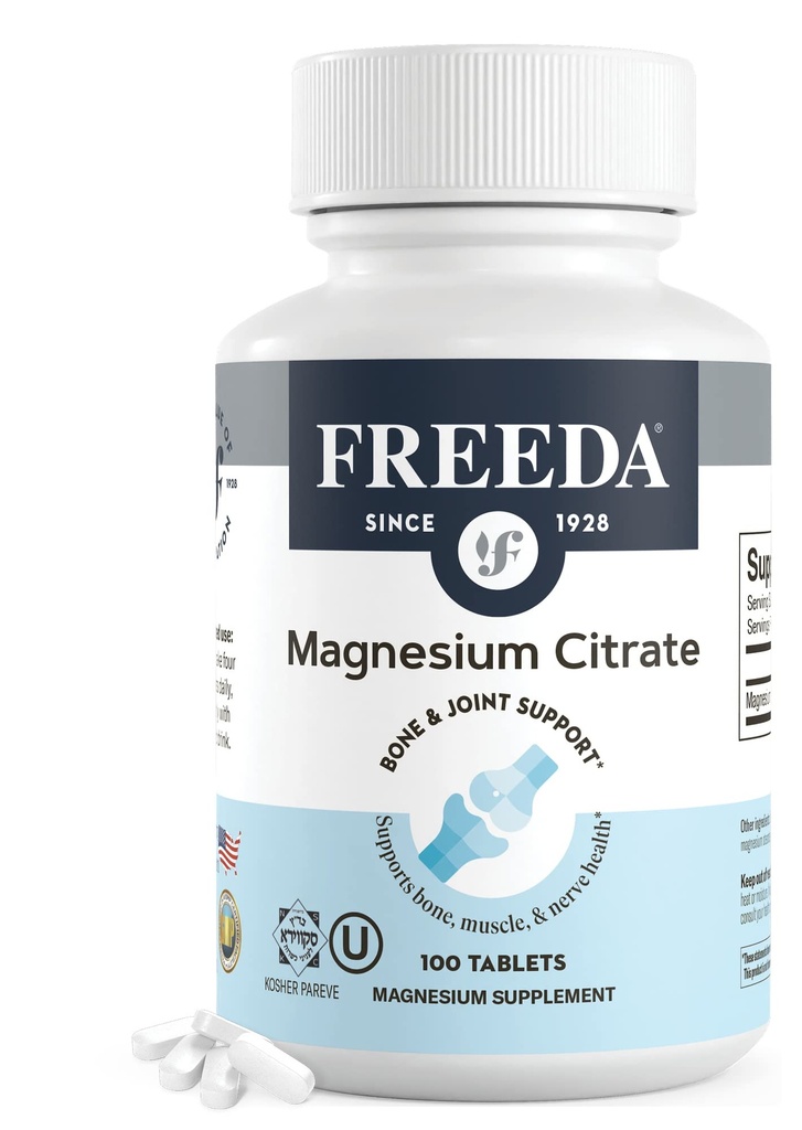 Freeda Magnesium Citrate 400 mg Belagda tabletter - Hög Absorption Supplement för muskel, Nerve & Relaxation Support - Vegan, Gluten-Free, Kosher - 100 greve