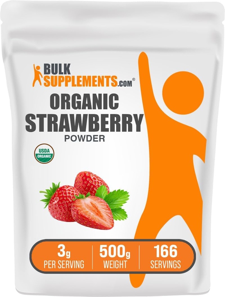BulkSupplements.com Organic Strawberry Powder - Fruktpulver från organiska jordgubbar - No Sugar Added & Gluten Free, 3g per portion, 500g (1.1 lbs) (Pack of 1)
