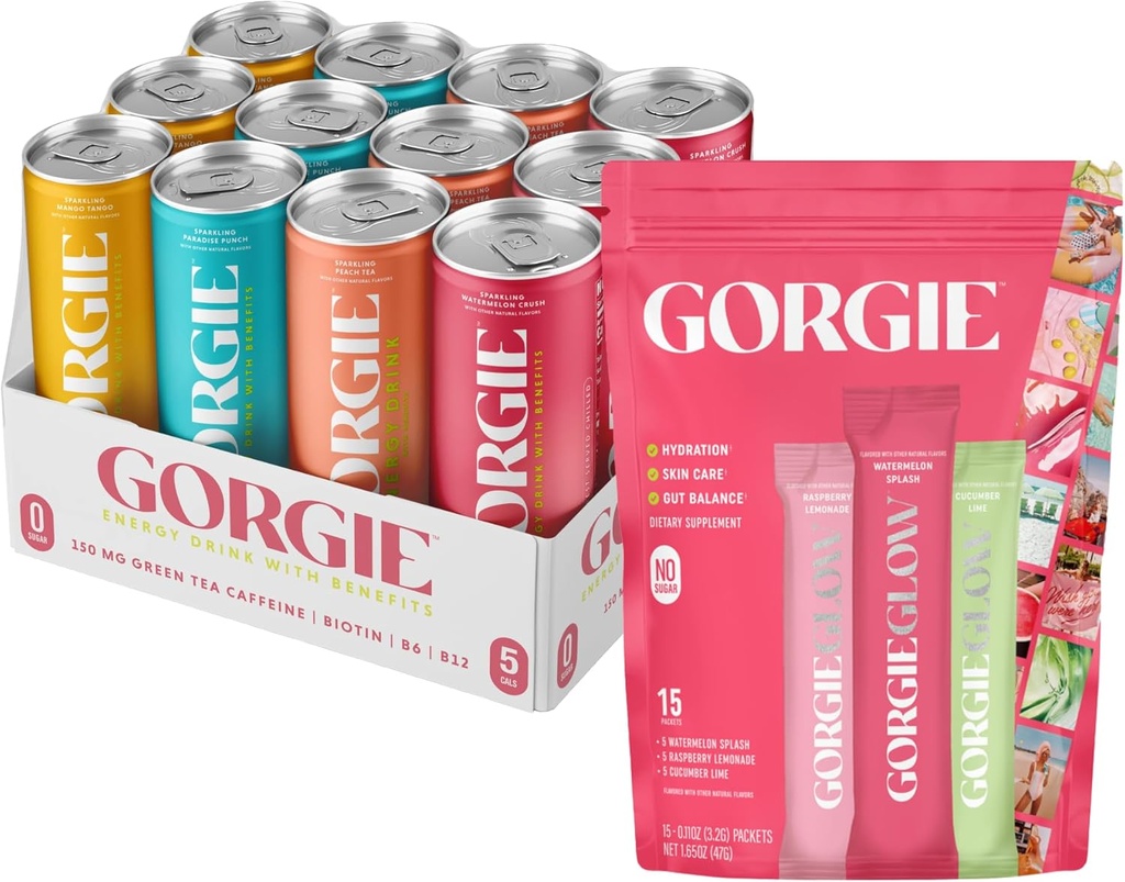 GORGIE Variety, Sugar-Free Natural Energy Drink och Glow Variety Pack 15, Electrolyte Powder Healthy Drink Mix