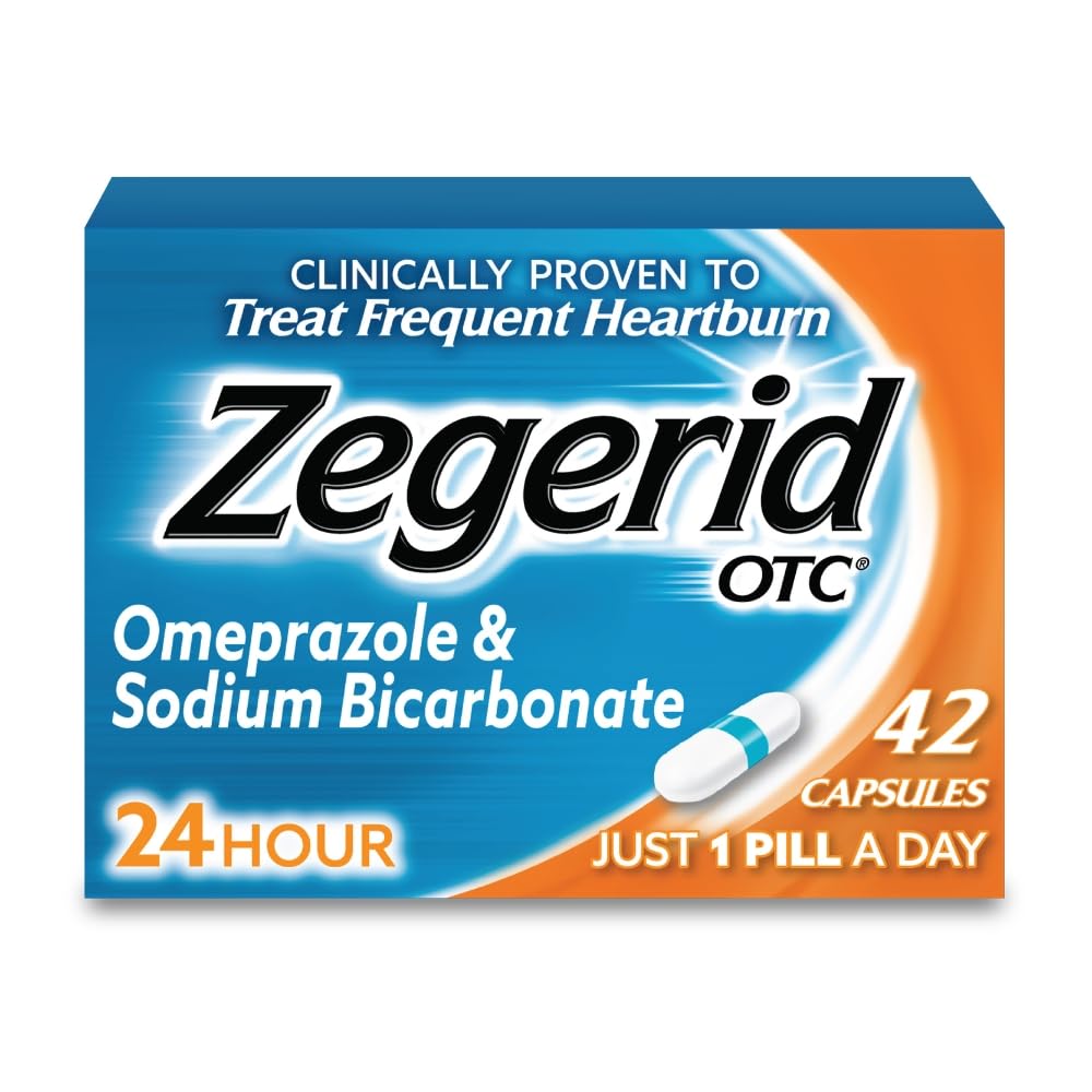 Zegerid OTC, 24-timmars Heartburn Relief, Acid Reflux Medicine och Antacid, behandlar Frequent Heartburn, Omeprazole 20mg + Sodium Bicarbonate, Proton Pump Inhibitor (PPI), 42 kapslar