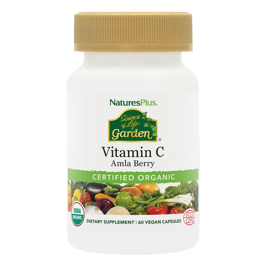 Natures Plus Source of Life Garden Certified Organic Vitamin C - 500 mg, 60 Vegan Capsules - Whole Food Immune Support Supplement, Antioxidant - Vegetarian, Gluten-Free - 30 portioner