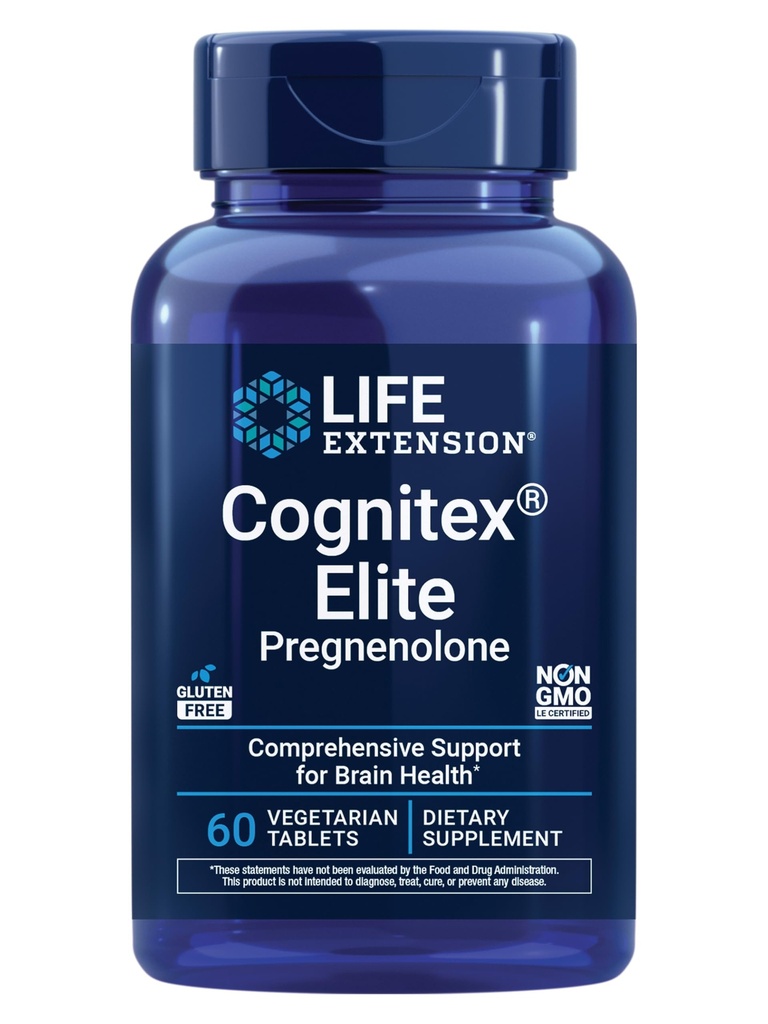 Life Extension Cognitex® Elite Pregnenolone, sång, Blueberry, ashwagandha, fosfatidylserin, Advanced Formel, Attention, Focus, Memory, Gluten-Free, Non-GMO, Vegetarian, 60 tabletter