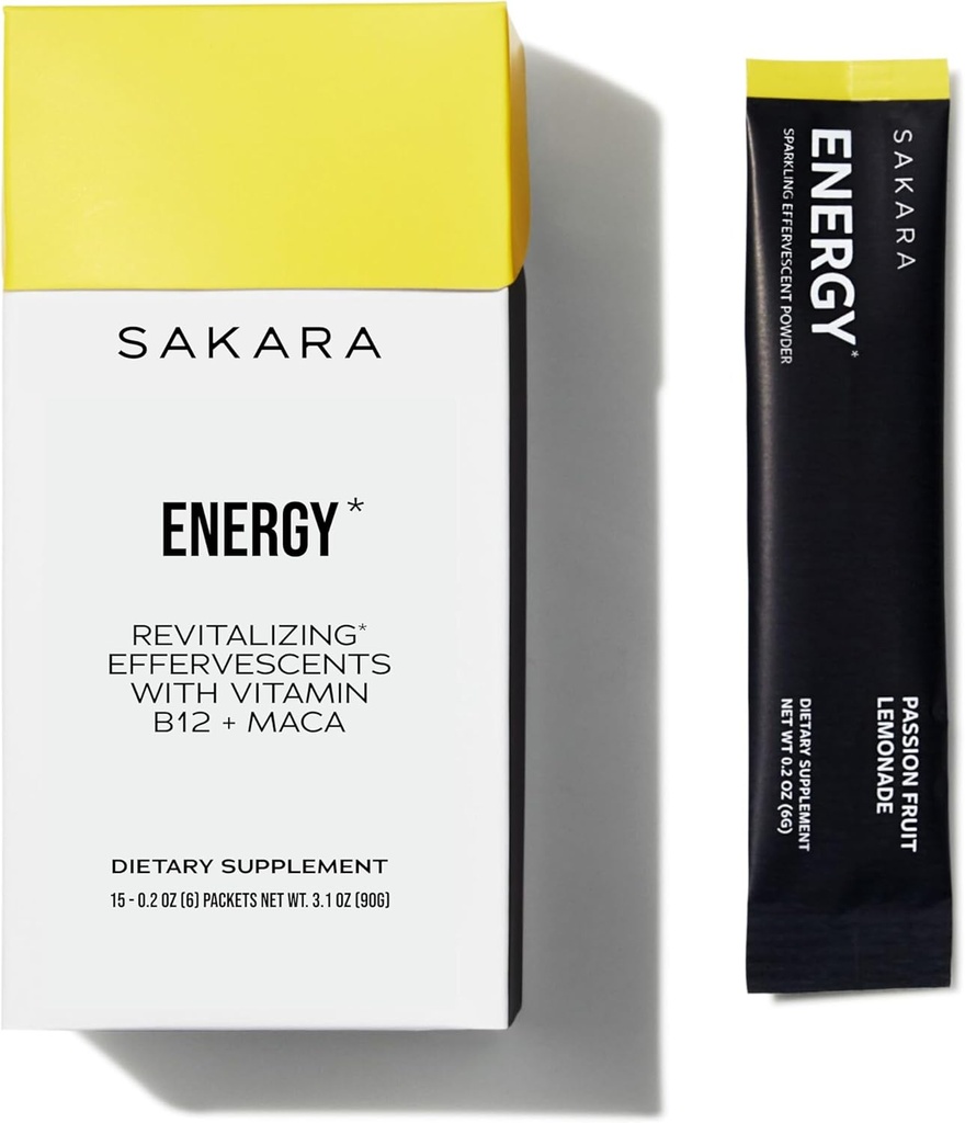 SAKARA Energy Effervescents, 15 Packets - Refined Sugar Free Electrolytes Powder Packets med vitamin B12 & L Theanine, smaksatta vattenpaket, Hydration Powder, Energy Drink Electrolyte Powder
