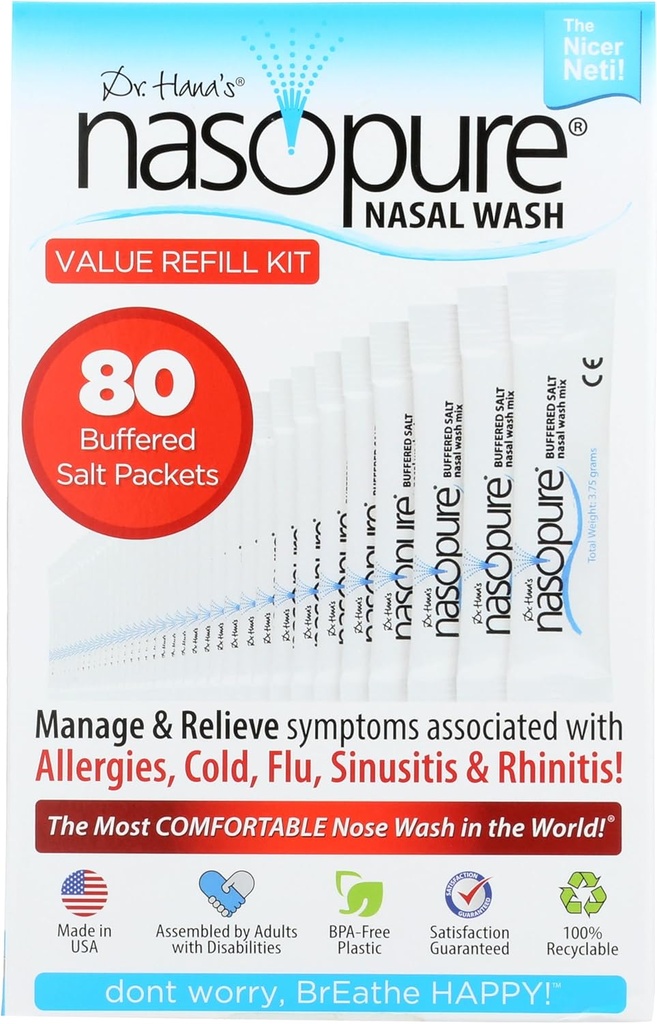 Nasopure Nasal Wash, Value Refill Kit, "The Nicer Neti Pot" Sinus Wash Kit, Bekväm Nasal Rinse 80 Salt Packets (3,75 Grams Varje), Nasal Congestion, Cold, Flu, Allergy, Nasal Irrigation System