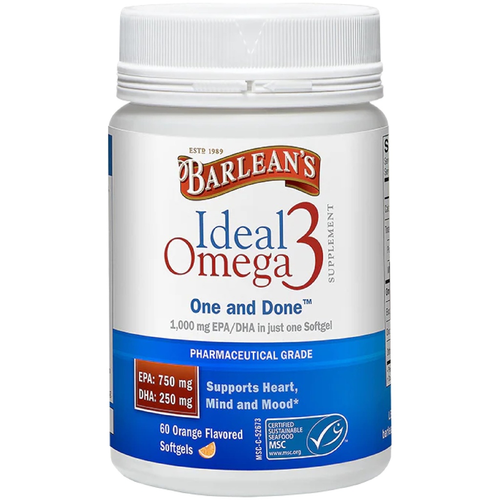 Barleans ideala Omega 3 fiskoljetillskott, 1000 mg Softgels, farmaceutisk grad EPA & DHA för hjärna, gemensam och hjärthälsa, orange smak, 60 ct