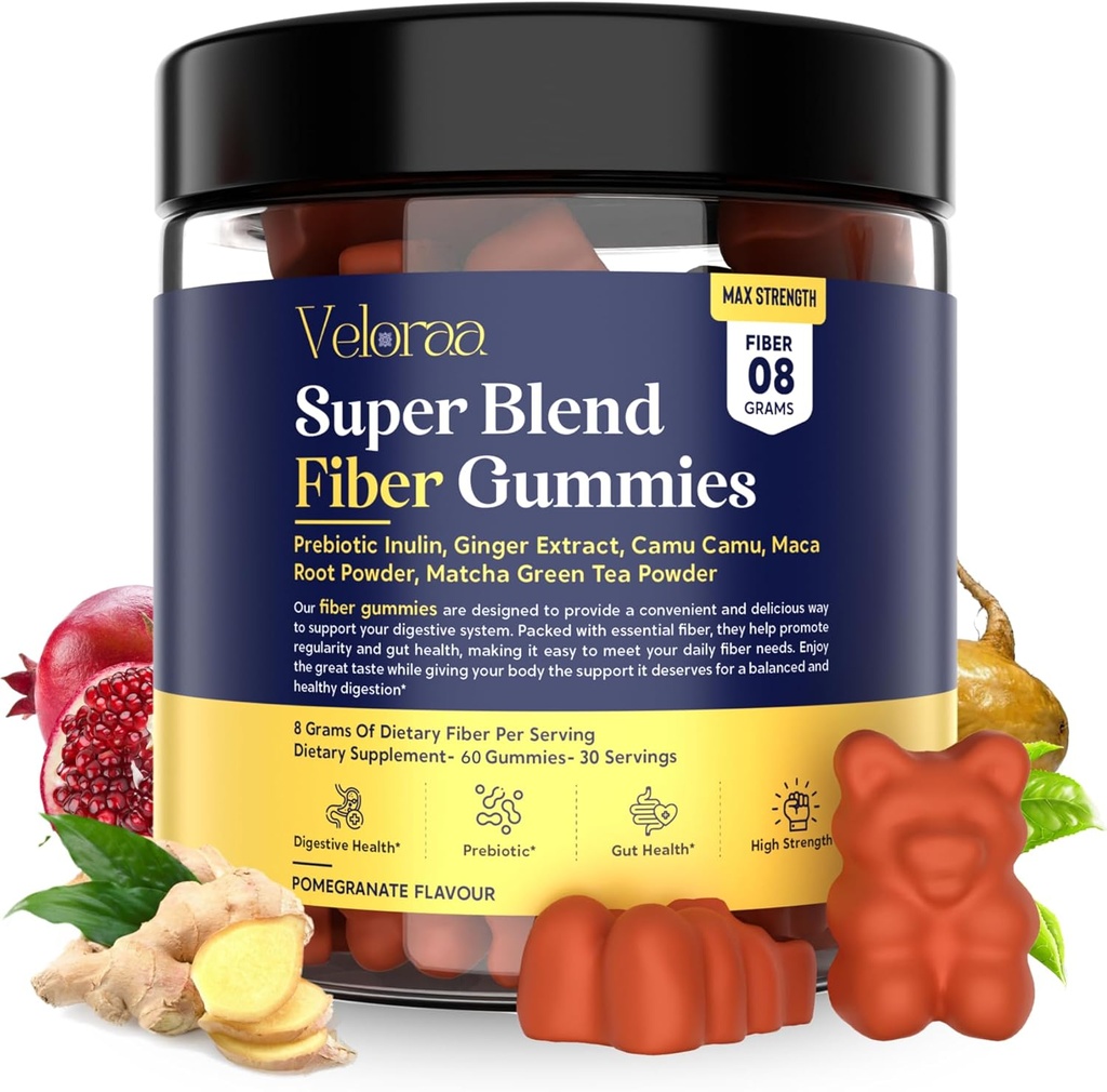 Super Blend Fiber Gummies för vuxna - 8g Prebiotic Fiber Gummies, stöder Digestive Health, Bloating Relief & Wellness, infunderas med Ginger, Camu Camu & Matcha, Strawberry Flavor - 60 Count