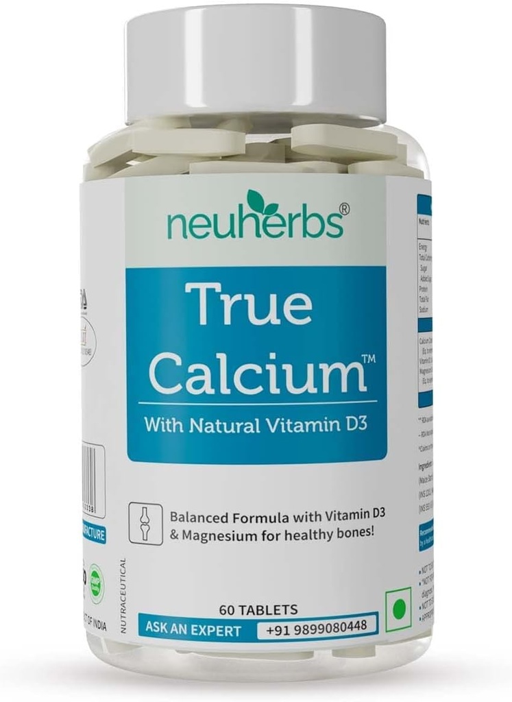 Tru Calcium 1000mg Supplement för män och kvinnor med växtbaserat vitamin D3 och naturligt magnesium för friska ben - 60 Vegan tabletter