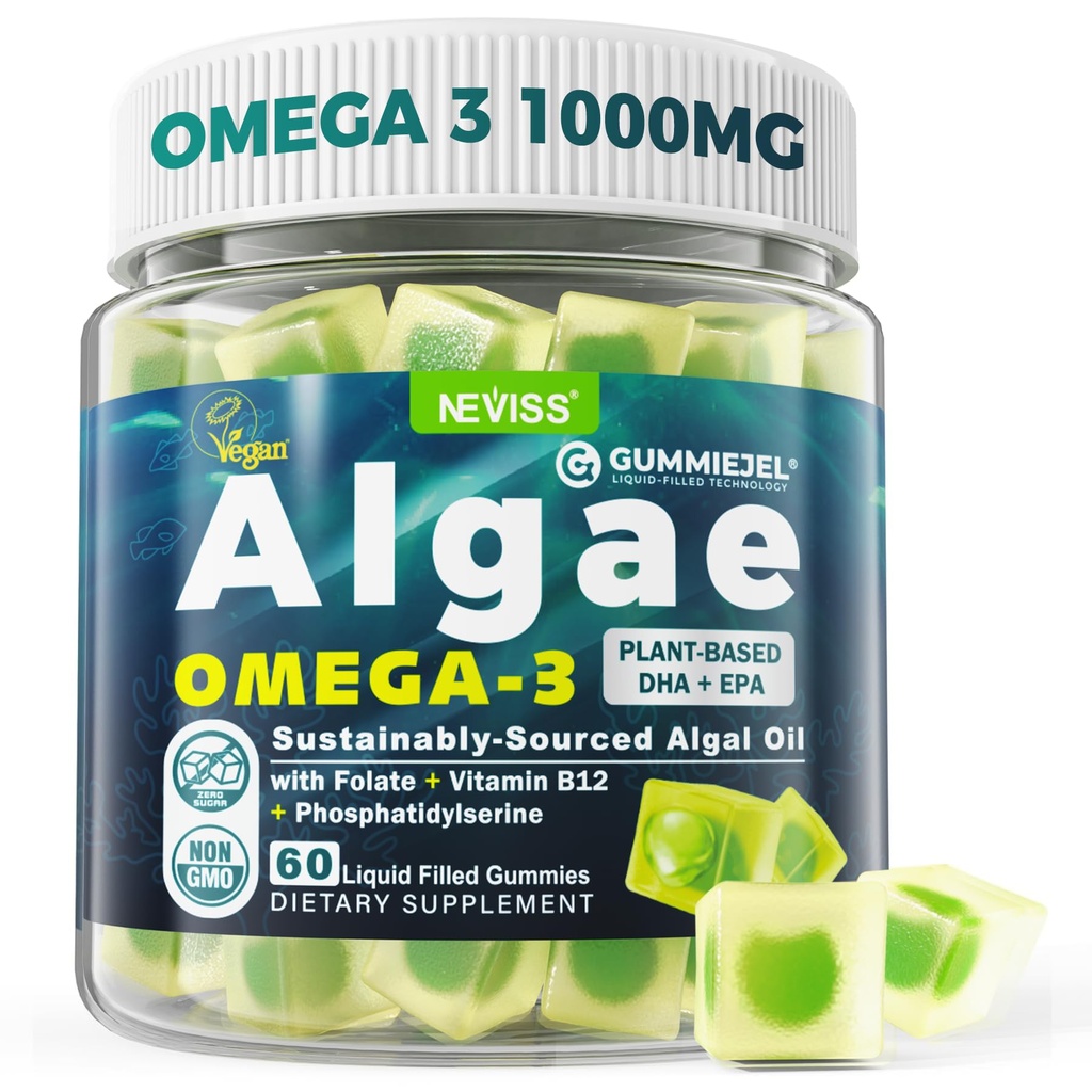 Vegan Omega-3 Gummies for Adults, Fish Oil Alternative från Algae Oil, Plant Based DHA 460mg & EPA 230mg Plus MethylFolate, Vitamin B12, Phosphatidylserine, No Fishy Taste, Vegan, Sugar Free, 60 Cts
