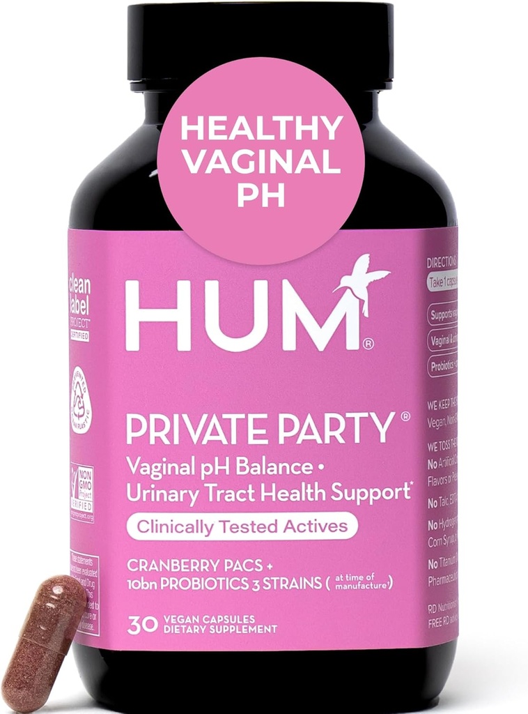 HUM Private Party Vaginal Probiotics for Women, pH Balance and Urinary Tract Support Vaginal Probiotic Supplement with Cranberry & Lactobacillus Blend, Women's Health Cranberry Pills, 30 Capsules