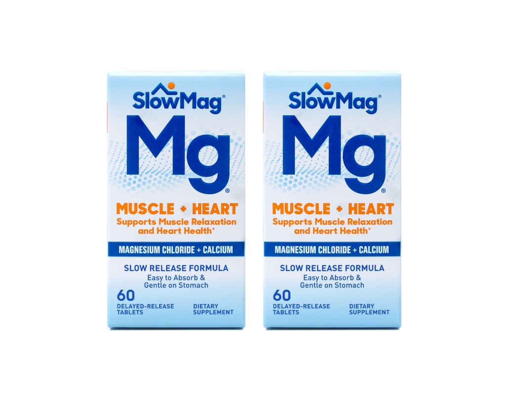 SlowMag MG Muscle + Heart Magnesiumklorid med kalcium tabletter 60 greve (Pack of 2)
