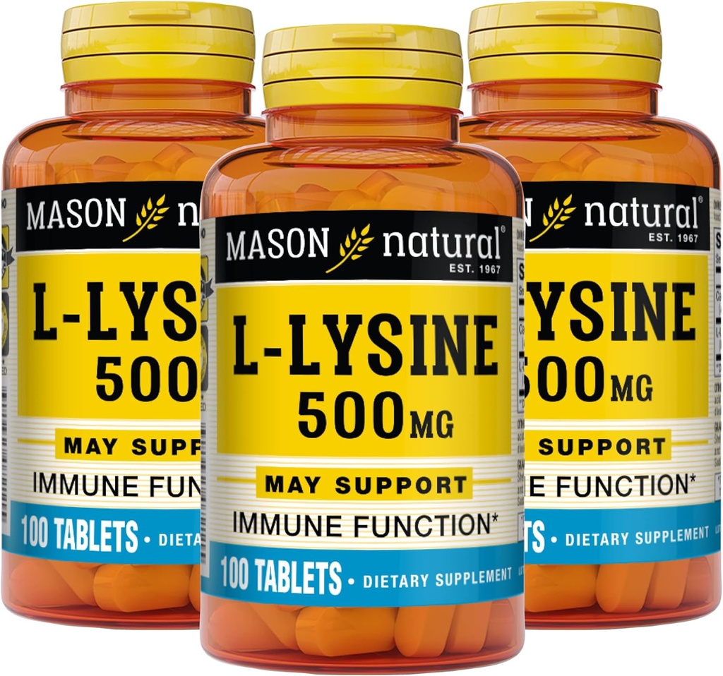 MASON NATURAL L-Lysine 500 mg med Calcium - Förbättrad immunfunktion, Förbättrad näringsabsorption, Essential Amino Acid, 100 tabletter (Pack of 3)