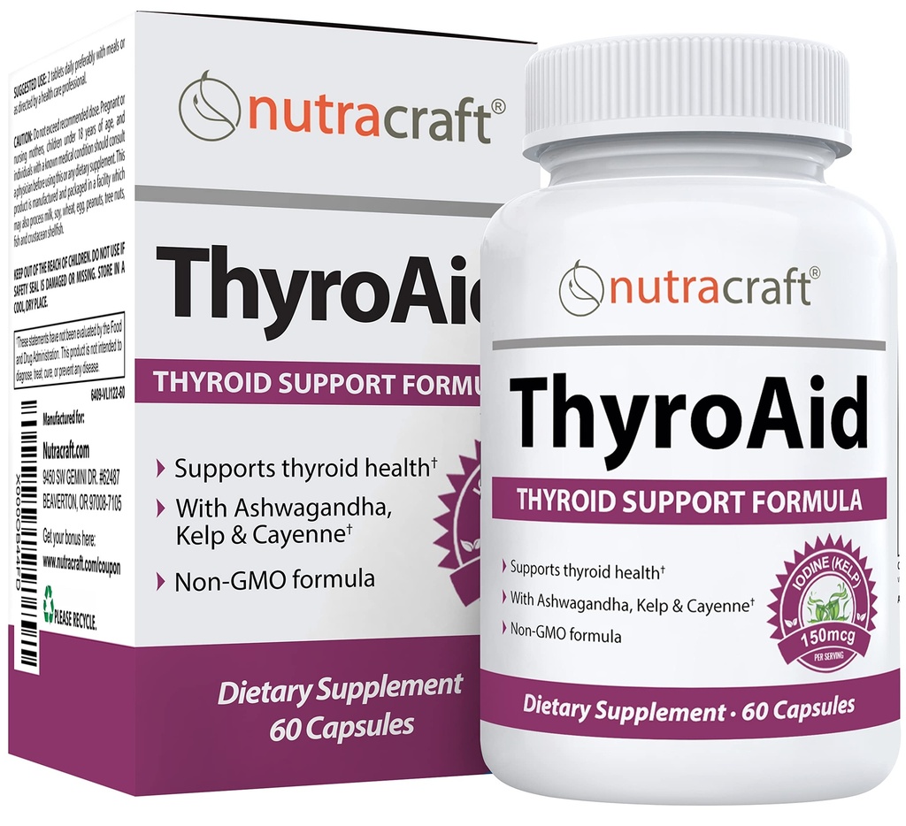 ThyroAid # 1 Thyroid Support Supplement | Natural Herbal Thyroid Formel med jod (Kelp), Ashwagandha, L-Tyrosine & More | Stöd Thyroid Health & Energy Levels | 60 kapslar