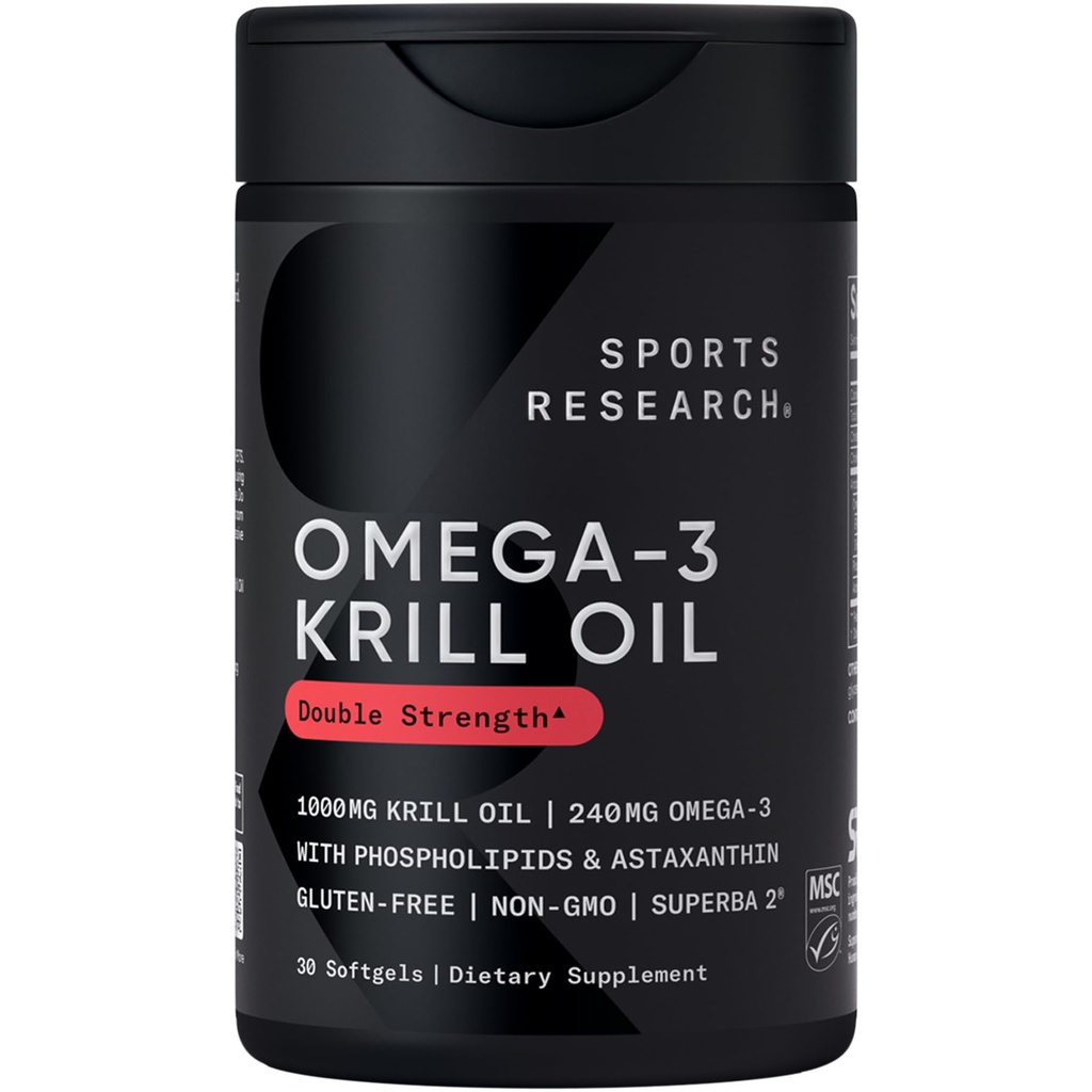 Sportforskning Krill Oil Supplement med EPA & DHA Omega 3, Phospholipids & Astaxanthin från Antarctic Krill - Högsta koncentrationen av Krill Oil för Män & Kvinnor - 1000mg, 30 Softgel kapslar