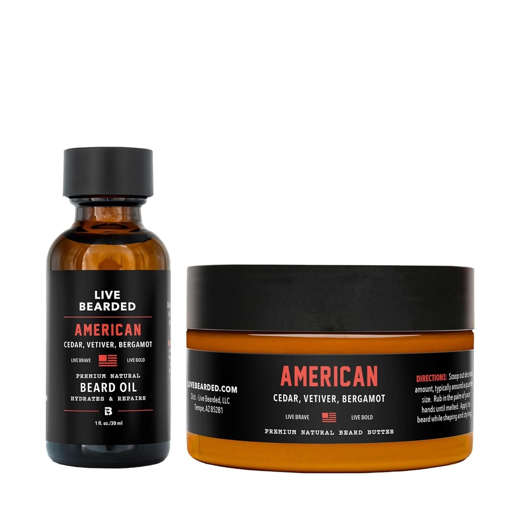 Live Bearded Bearded Oil och Butter Grooming Kit - Tillverkad i USA - All-Natural Ingredients med Shea, Argan, Jojoba - Tillväxtstöd | American Scent - Cedar, Vetiver, Bergamot