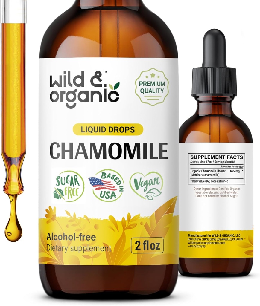Wild & Organic Chamomile Tincture - Relaxing & Calming Chamomile Supplement - Liquid Flower Extract Drops - Vegan, Sugar & Alkoholfri - 2 fl oz
