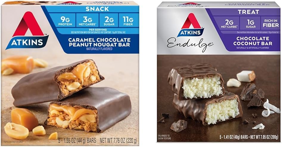 Atkins Caramel Chocolate Peanut Nougat Snack Bar, 5 Count och Chocolate Coconut Bar, 5 Count Bundle