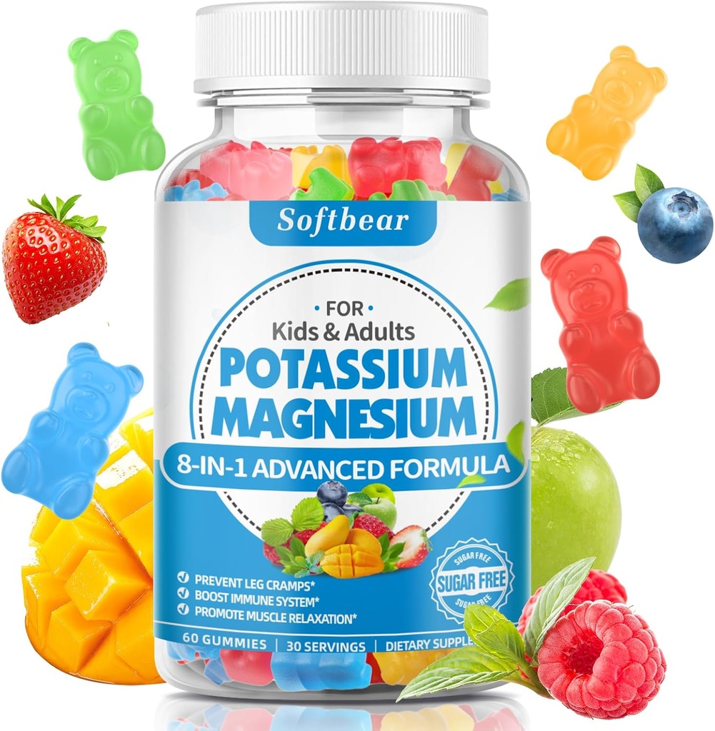Softbear Potassium Gummies for Adults, High Absorption Potassium Magnesium Supplement med vitamin B6 CoQ10 för Leg Cramps & Muscle Health Sugar-Free Vegan Mixed Fruit Flavor 60 Gummies