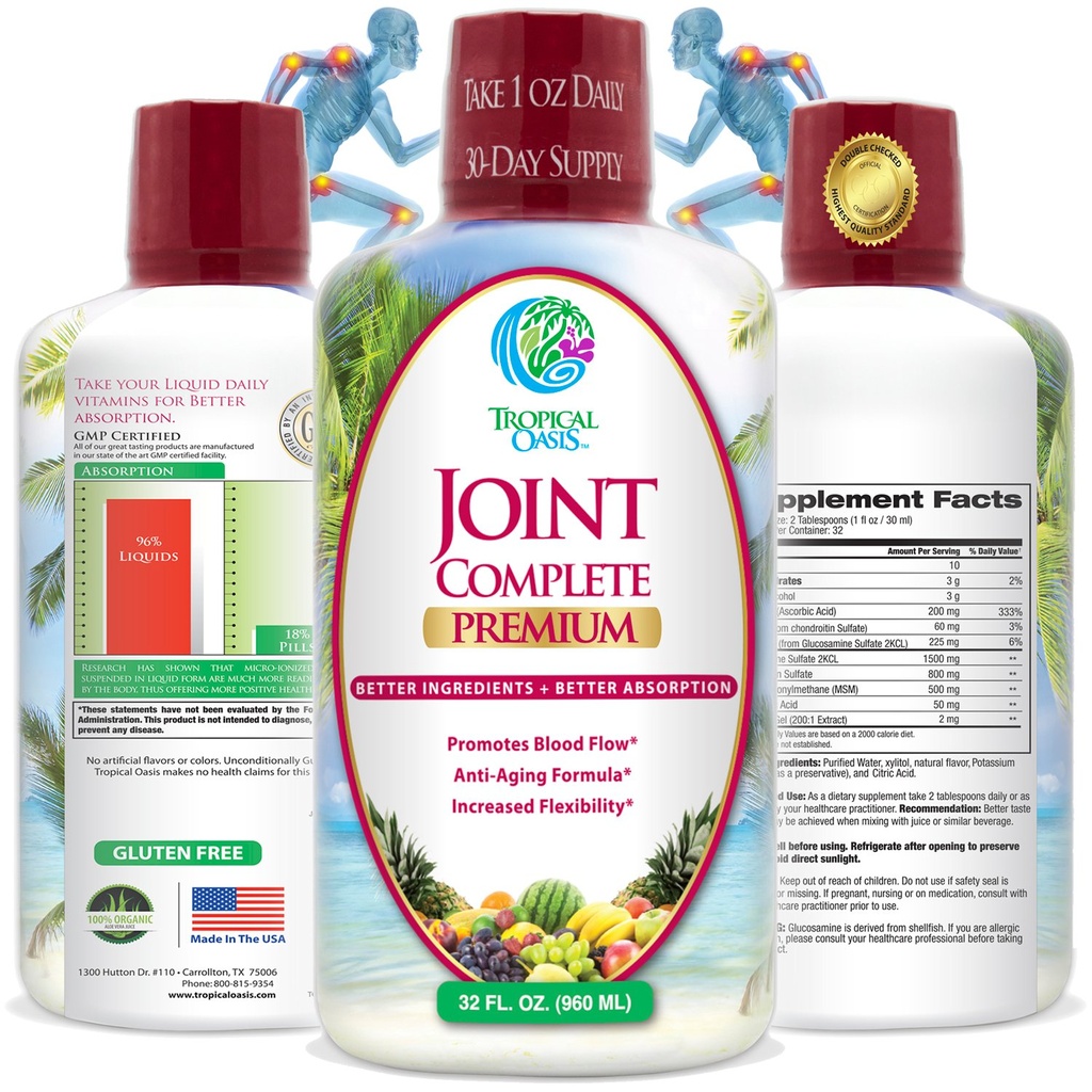 Tropisk Oasis Joint Complete Premium - Liquid Joint Supplement med Liquid Glucosamine Sulfate, Chondroitin, MSM & Hyaluronic Acid - 96% Max Absorption - 32oz, 32 serv, 33484