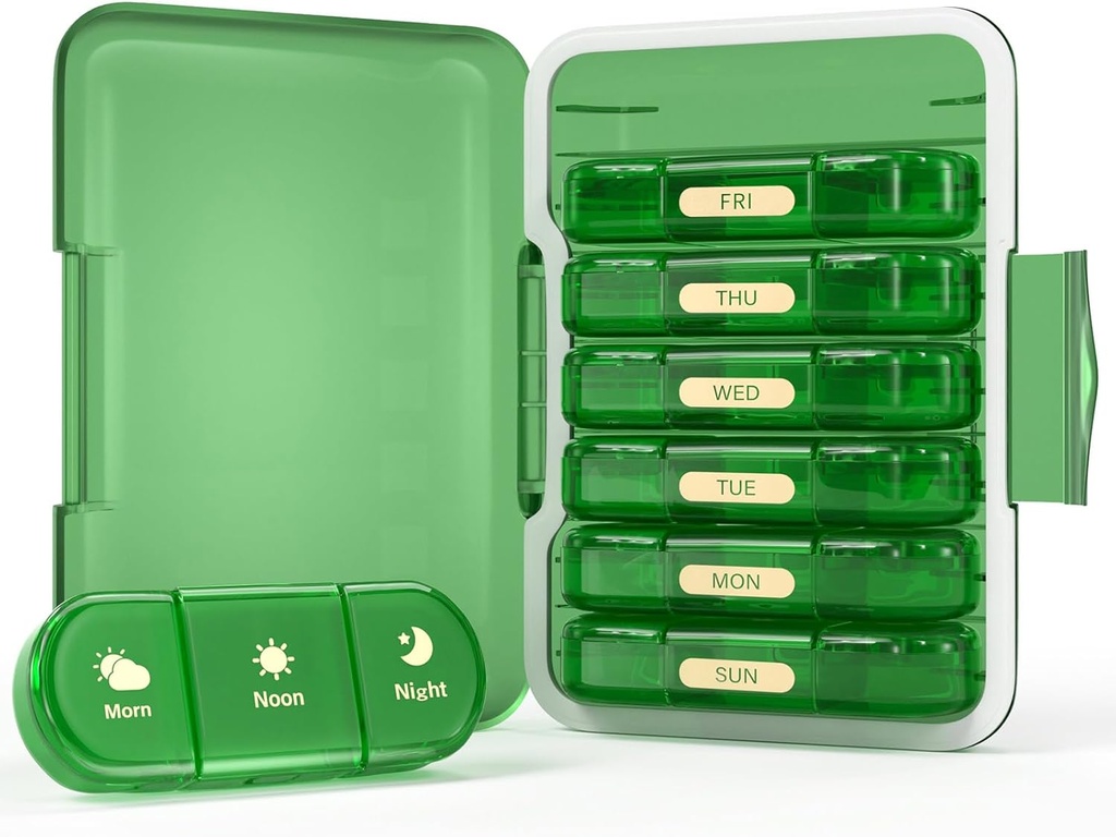 Weekly Pill Organizer 3X per dag, 7 Day Pill Box 3 Times, Portable för Travel Pill Case för Pills/Vitamin/Fish Oil/Medication/Supplements (3x7 Green)
