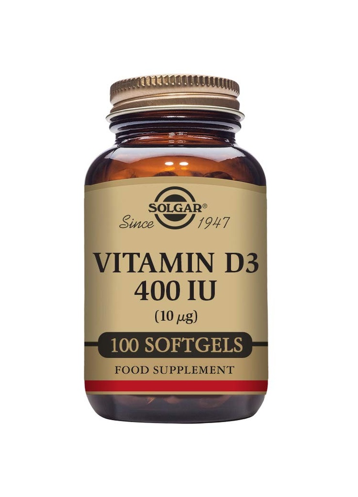 Solgar Vitamin D3 (Cholecalciferol) 10 MCG (400 IE), 100 Softgels - Hjälper till att underhålla Bones & Teeth - Immune System Support - Non-GMO, Gluten Free, Dairy Free - 100 portioner