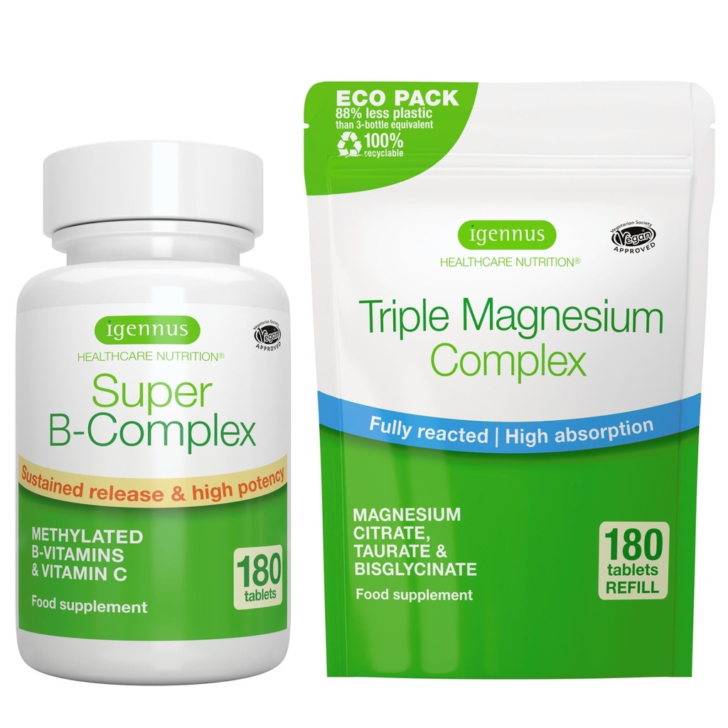 Super B-Complex 180 tabletter + Triple Magnesium Complex 180 tabletter Vegan Bundle, Methylated Sustained Release B Complex + High Absorption Chelated Magnesium Glycinate, Taurate & Citrate, av Igennus