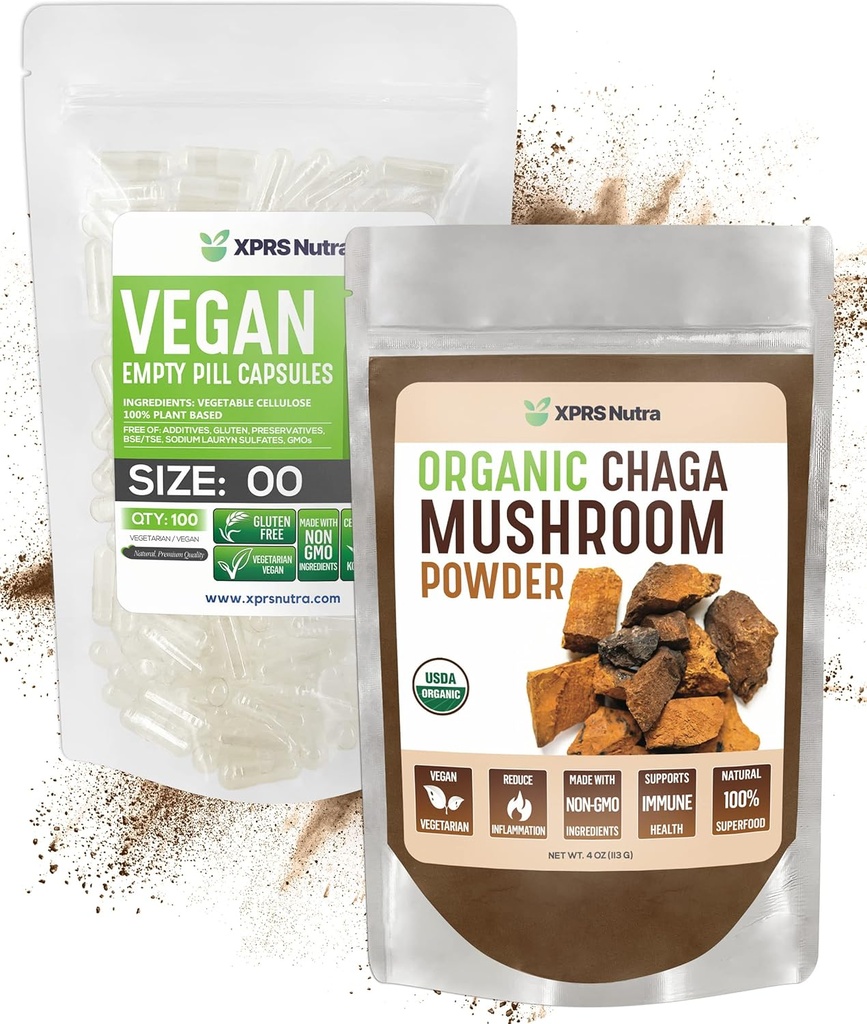 XPRS Nutra Organic Chaga Powder 4 Ounce med storlek 00 Pre-Separated Empty Capsules (100 Count) Bundle