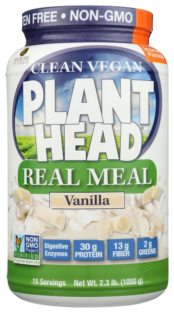 Plant Head Real Meal Organic Plant Based Protein Powder, Vanilla - Vegan, Low Net Carbs, Non Dairy, Gluten Free, Laktosfri, No Sugar Added, 2,3 Pound