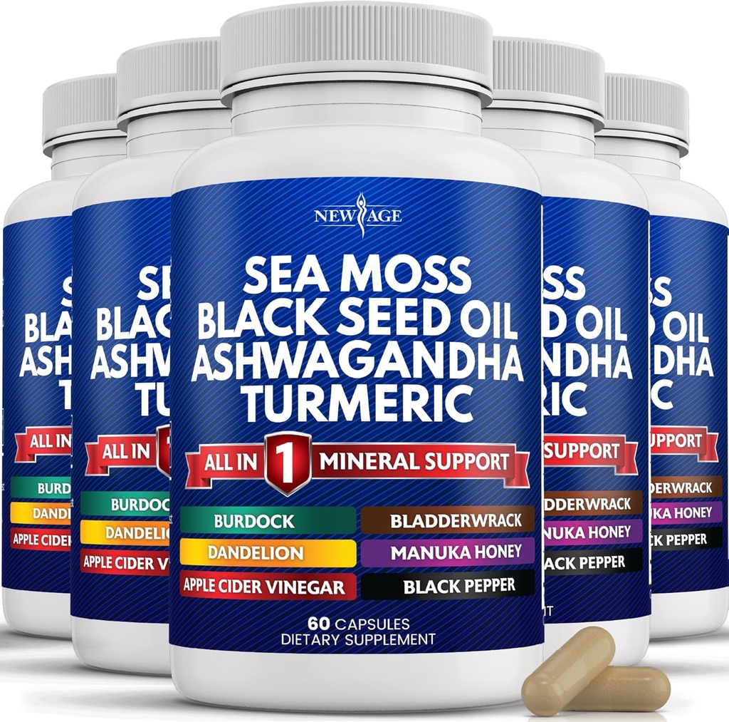 NEW AGE Sea Moss Black Seed Oil Ashwagandha Turmeric Bladderwrack Burdock - med Manuka, Honey Dandelion, ACV Black Pepper Gluten Free