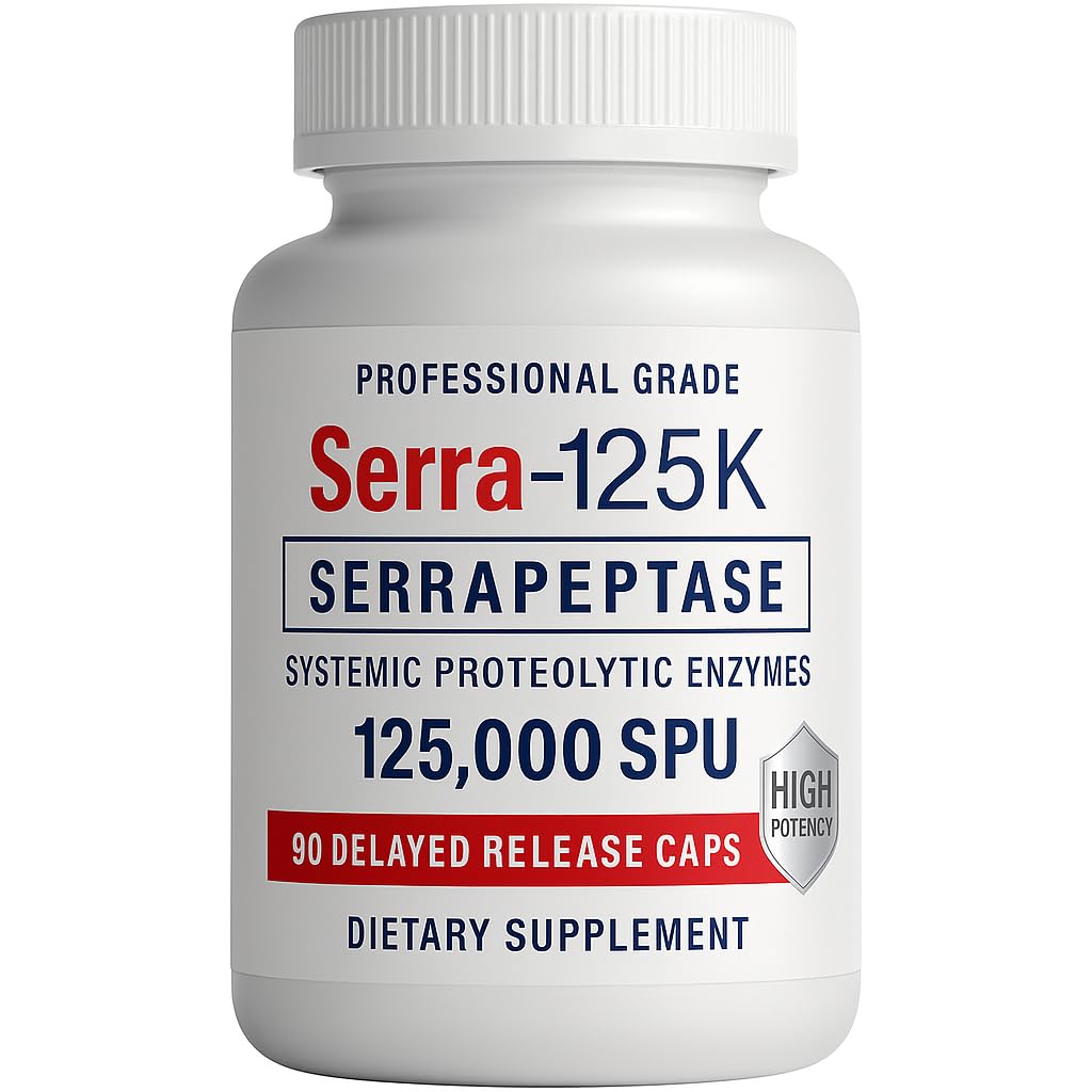 Serra-125k Extra Strength Serrapeptase 125 000 SPU, 90 Vegan kapslar, fördröjd frisättning, systemiska enzymer, stöder hälsosamma sinuser och ett hälsosamt immunsystem, icke-GMO och all-naturligt
