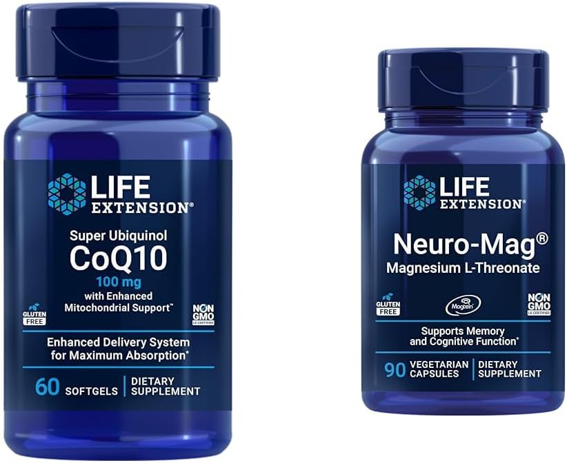 Life Extension Super Ubiquinol CoQ10 med förbättrad Mitochondrial Support & Neuro-mag Magnesium L-threonat, Magnesium L-threonate