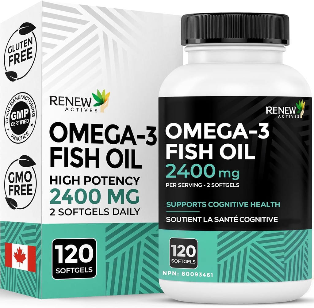 Renew Actives Omega-3 Fish Oil 2400MG per 2 Softgels - 720MG EPA & DHA - Supports Heart, Brain, Eye Health, & Triglyceride Reduction - No Fishy Aftertaste - Made in Canada - 120 Softgels