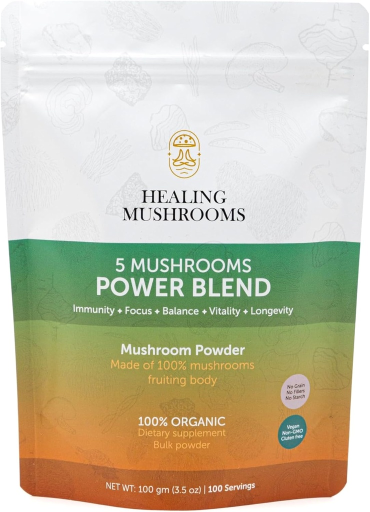 5 Mushrooms Power Bland, Organic Powder with Lions Mane, Reishi, Cordyceps, Turkey Tail, Chaga. 100 Grams