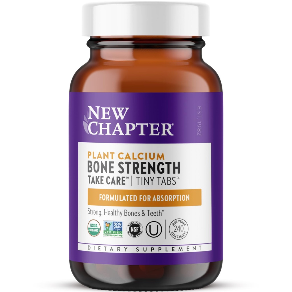 Nytt kapitel Calcium Supplement - Bone Strength Tiny Tabs Plant-Based USDA Organic Calcium med Magnesium, Vitamin D3 + K2, för Bone Health & Joint Mobility, Heart Support, 905 mg dos - 240 Tiny Tabs