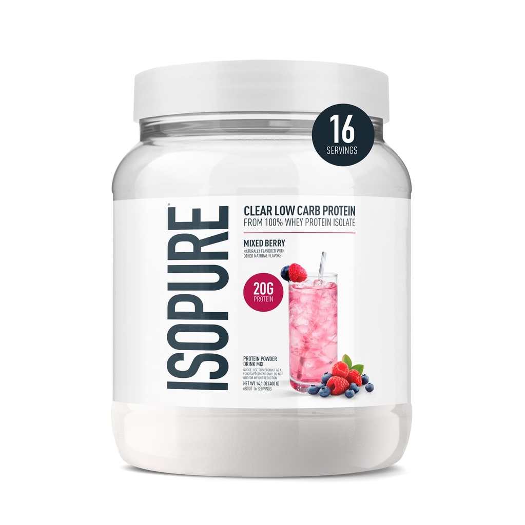 Isopure Clear Whey Isolate Protein Powder, Lactose Free, Gluten Free, Naturligt smaksatt, Mixed Berry, 20g Protein Per Servering, 14.1 Oz, 16 portioner (Packaging May Vary)