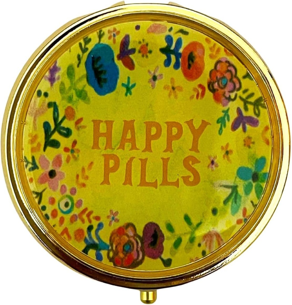 Retro Cute Pill Case Vintage Metal Pill Organizer Portable Compact Pill Box för väska / ficka för att hålla Vitaminer / Tylenol / tillägg / fiskolja / Meds / tablett (Happy Pills med Mirror, Runda)
