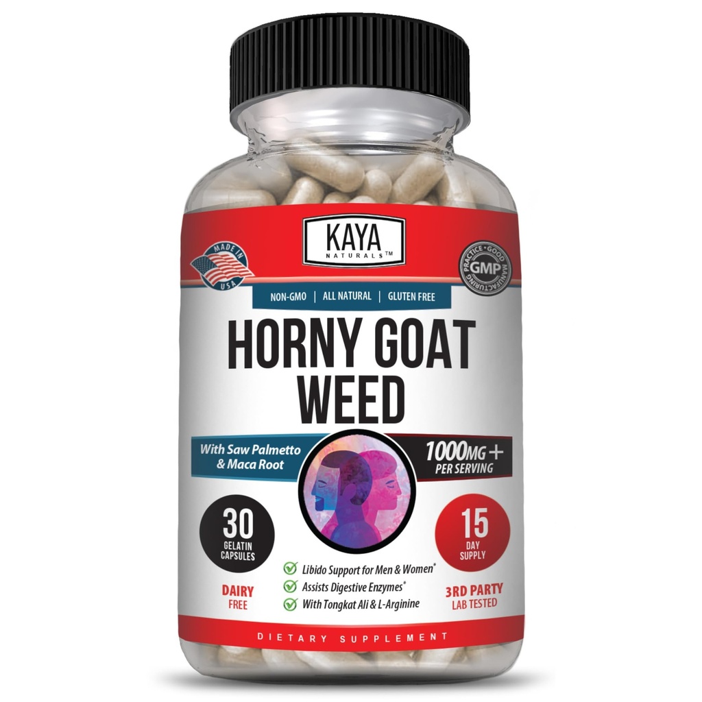 Kaya Naturals Horny Goat Weed för män och kvinnor - 1560mg Komplex med Maca, Saw Palmetto, Ginseng, Arginine Vitamin Supplement - Horny Goat Weed - 30 greve