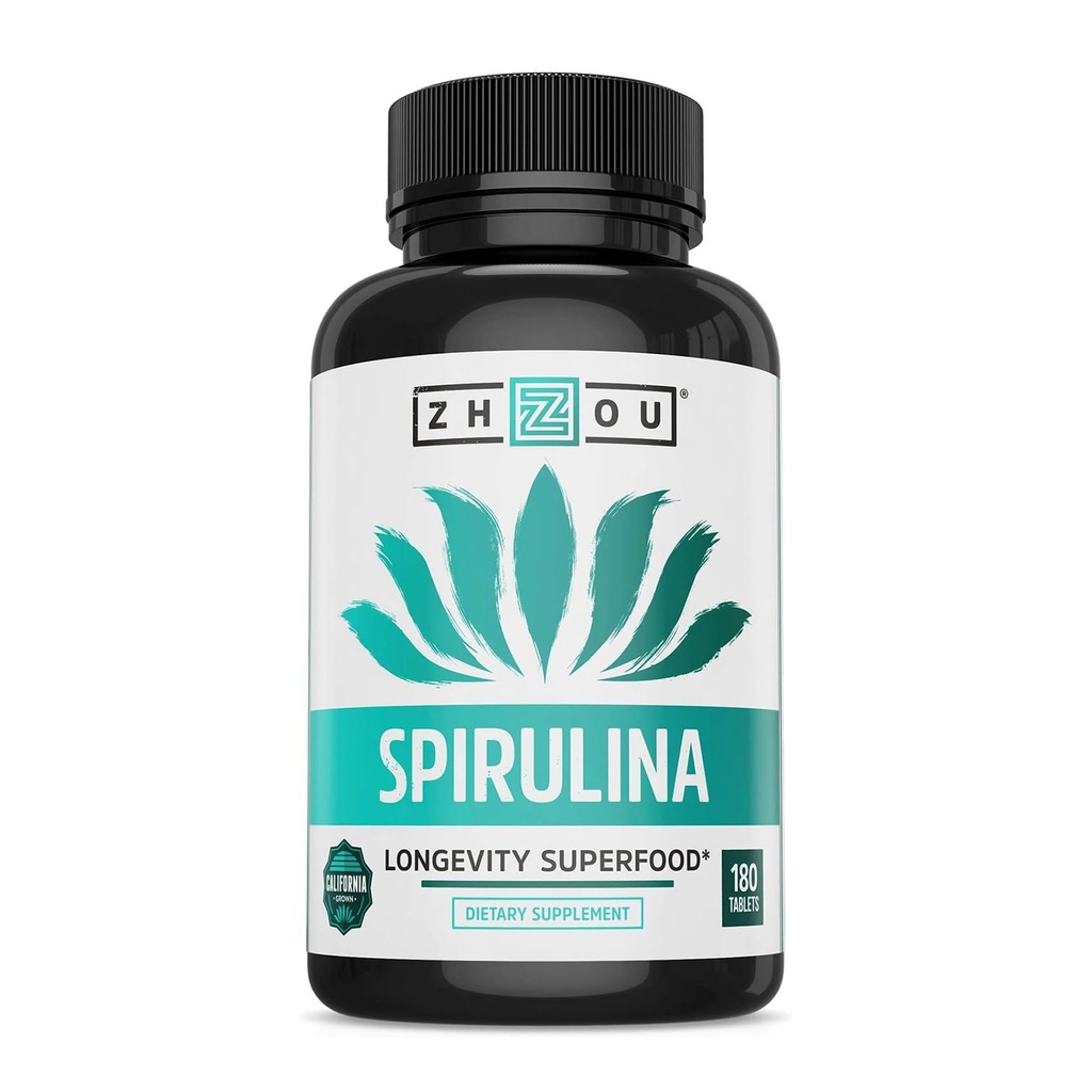 Zhou Spirulina tabletter - Spirulina Pills, Greens Superfood Supplement med Chlorophyll & Blue Spirulina Powder Cognitive & Immune Support, Pure Premium Formel - 180 tabletter