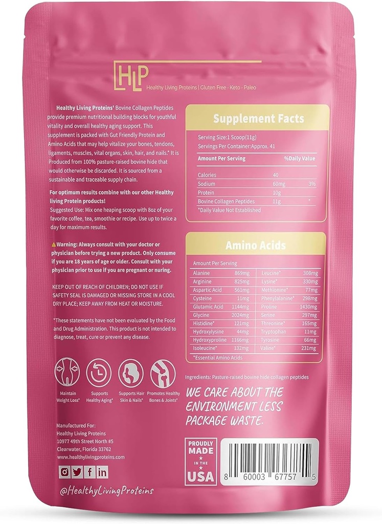 Healthy Living Proteins - Hydrolyzed Bovine Protein Collagen Type I & III - Unflavored Collagen Powder - Grass Fed, Pasture Raised Bovine Peptides - Keto & Paleo, Gluten Free (10 oz (Pack of 1)