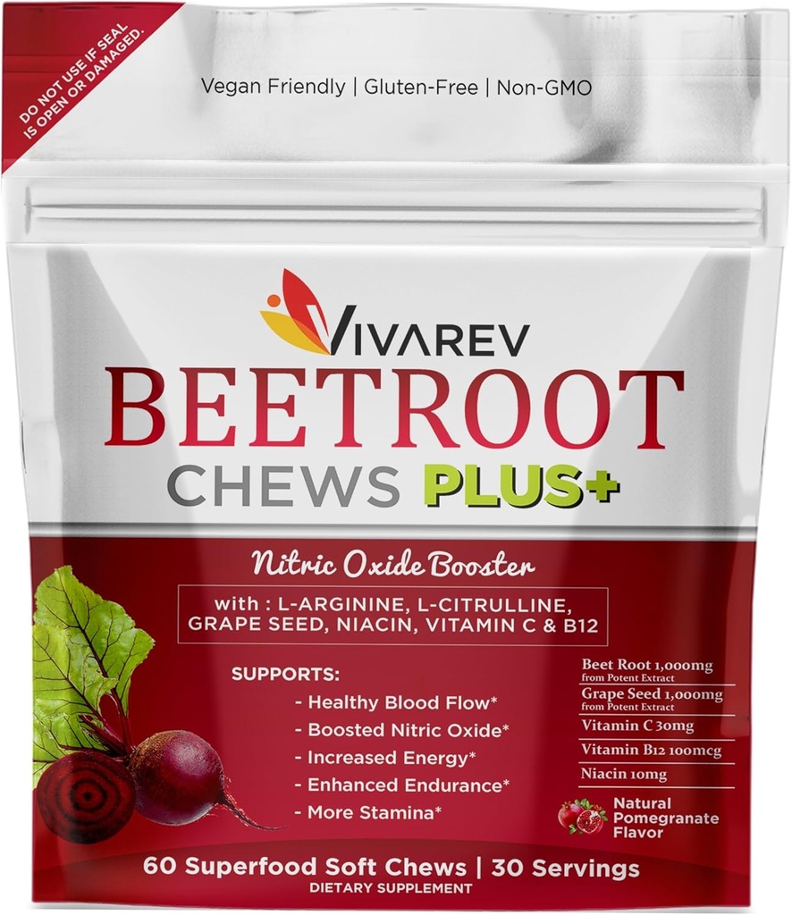 Beetroot Nitric Oxide Supplement - 1000mg Beet Powder med L Arginine, L Citrulline, Grape Seed Extract, Niacin, Vitamin C & B12 - Beet Chews - Pack på 60